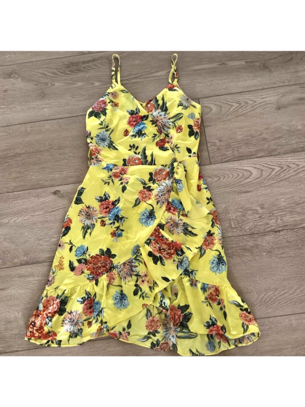 J.O.A. Yellow Floral Ruffled Mini Wrap Dress Womens XS New
